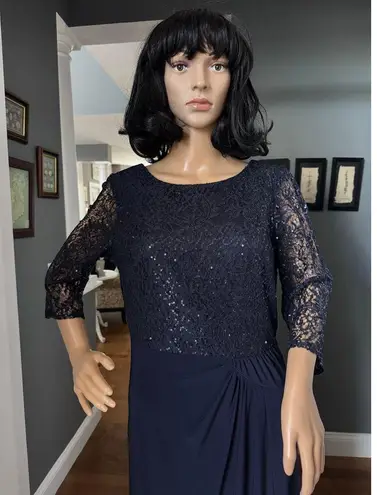 Alex Evenings Navy Long A-Line Detailed sequin Bodice sheer sleeves Dress 10 p