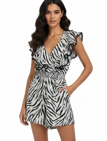 NWT INC 100% Linen Romper Size S Black Cream Zebra Print V
