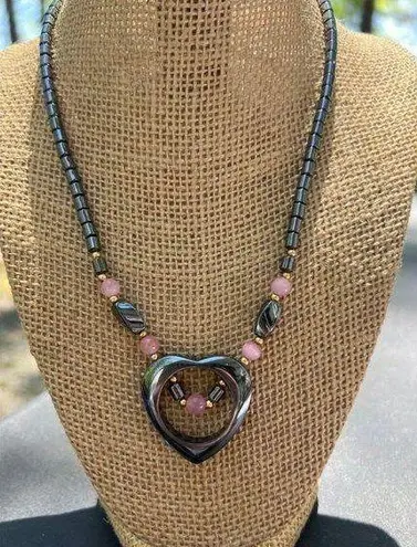 Hematite Pink Beaded Open Heart Pendant Necklace Gold Accents Screw Barrel Clasp