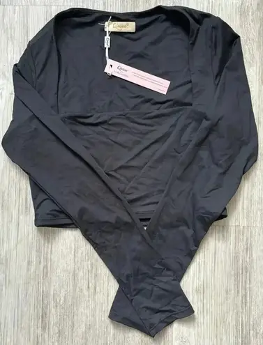 Qinsen | Women’s Long Sleeve Square Neck Crop Top | NWT | Large Black