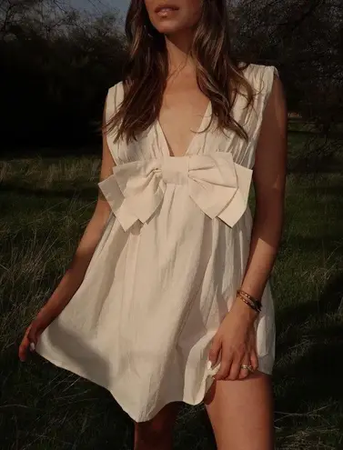 BUCKET LIST Darcy Cream Big Bow Deep V Babydoll Coquette Mini Dress