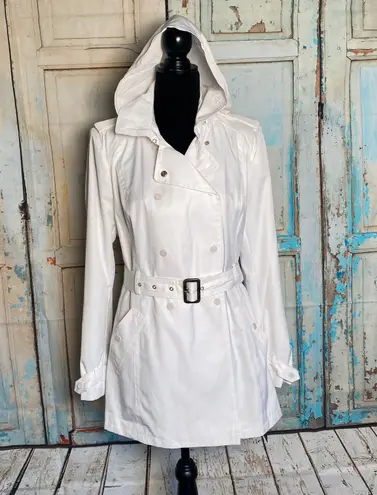 Black Rivet White Nylon Double Breasted Belted Trench Coat L