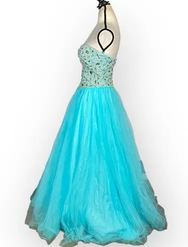 Terani Couture Formal Gown Women's Med Blue Embellished Strapless A-Line Maxi