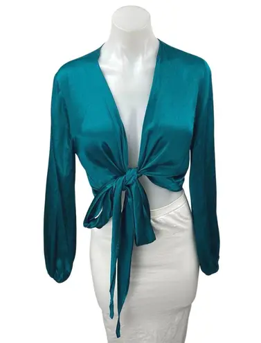 Odette Women's Green Silky Satin Tie Front Long Sleeve Crop Blouse Shirt Top S