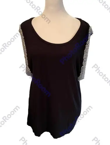 Carmim Lovers Black Sleeveless Tank Top with White Sparkly Beaded Sleeves Size L