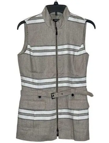 Worth Women Top Zip Up Belted Waist Vest Striped Linen Blend Workwear Tan Size 2