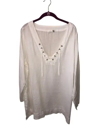 Artisan NY Linen Tunic Size 1X White Long Sleeve Grommet Lace Up Neckline Plus
