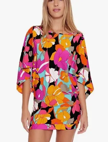 Trina Turk  Gemini Floral Print Cover Up Tunic Dress Drape Sleeve Swim Top