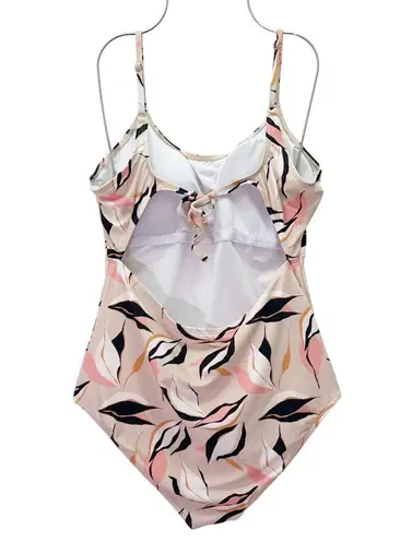 Janela Bay One Piece Swimsuit Size Large Beige Pink Black Leaf Print Tie Back Tan