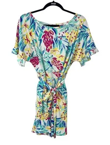 Aryeh Womens Tropical Ruffle Trim Tie Belt Stretch Romper Multicolor Medium