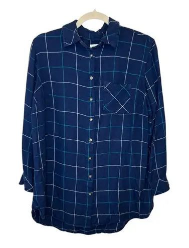 Ava & Viv Navy Blue Plaid Windowpane Button Down Shirt Casual Cozy Relaxed 1X - Image 1