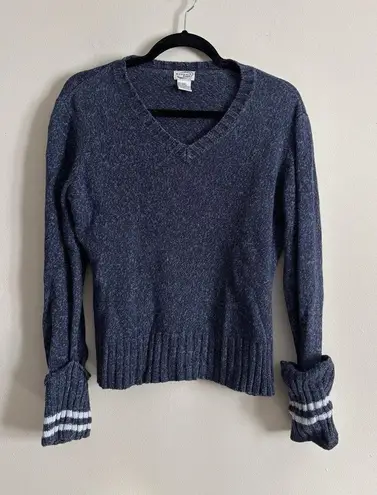 VTG Y2K Weather Vane Womens Large Knit Sweater V Neck Striped Cotton Bodycon Blue