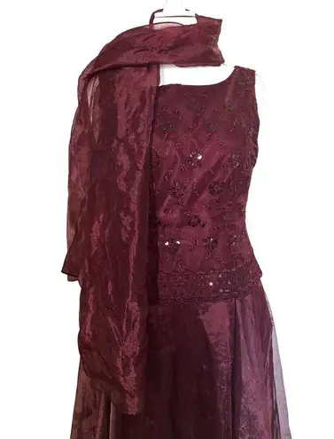 Vintage 90s Maroon Whimsigoth Prom Dress & Scarf XL Sequins A Line Vamp Romantic Purple