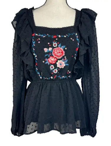 Savanna Jane Large Peplum Top Floral Embroidered Swiss Dot Lined Ruffled Crochet Black - Image 1