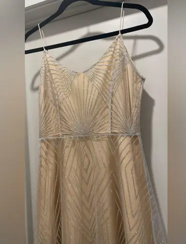 Beige Cream & Silver Glittery Art Deco Patterned Overlay Sleeveless Dress