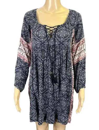 American Eagle  Womens Tunic Mini Dress Long Sleeves Boho Peasant Blue Pink XS