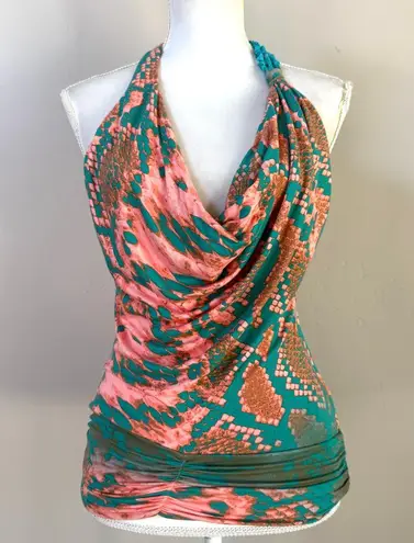 NWT SKY snakeprint ruched drape front turquoise stone embellishment halter top S Orange