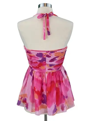 Boston Proper Pink Watercolor Print Ruffled Halter Top