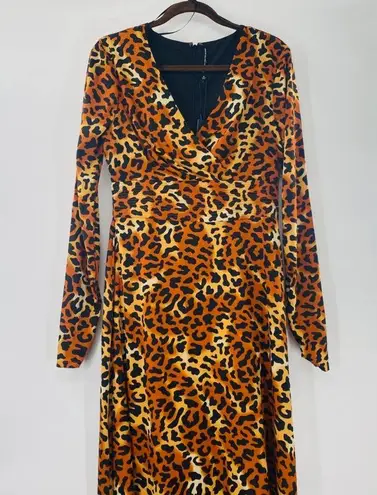 W118 By Walter Baker Orange Leopard Print Long Sleeve V-Neck Maxi Dress Sz M NWT