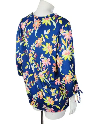 Caribbean Joe Women's Large Blue Floral Blouse 3/4 Sleeves Tie Detail NWT Cruise