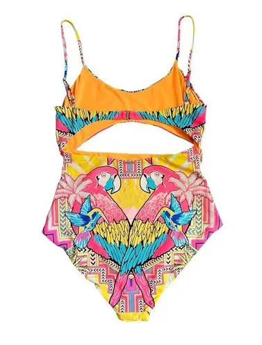 Mara Hoffman Parrot Tropical One Piece Swimsuit Size Large Cutout Pink Yellow