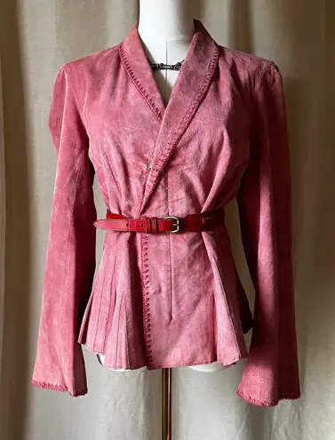 Newport News Vintage Pink Suede Peplum Jacket Whipstitch Detail 90s Feminine Fit Size 8