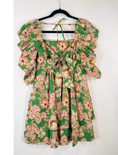 Misa Dress Green Kate Mini Ruched Puffed Floral Pintuck Tie Back A Line Boho XS