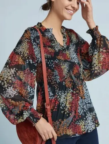 Akemi + Kin  Anthropologie Adria Black Floral Smocked V-Neck Blouse Small