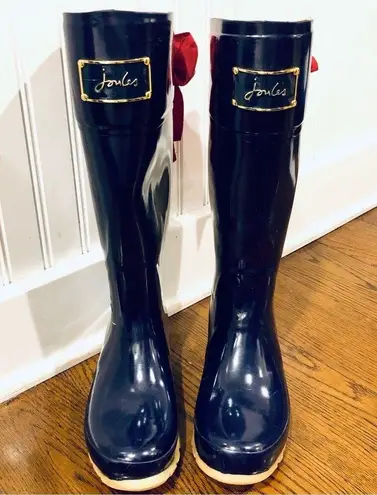 JOULES Navy Blue Tall Rain Boots with Red Bow and Toile Lining Size 9