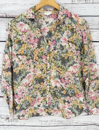 J. JILL Button Up Blouse Top Floral Silk Blend Gray Pink L/S Size S