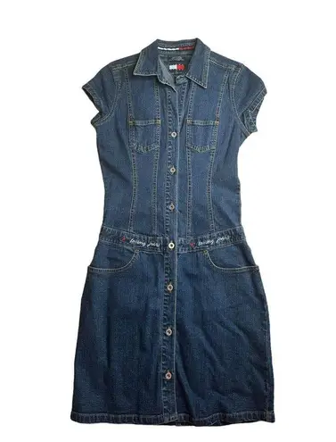 Tommy Hilfiger Vintage Tommy Jeans Y2K Denim Short Sleeve Button Front Jean Dress Stretch Sz S