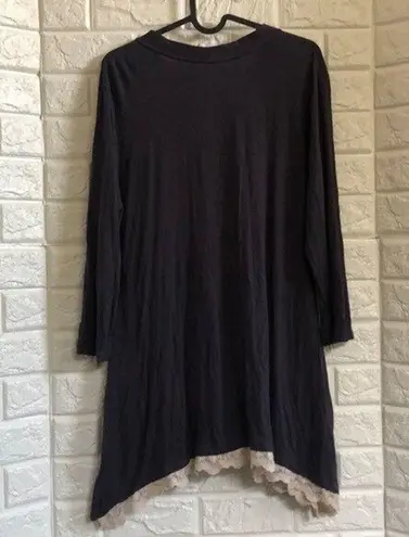LOGO navy Blue lace trim tunic cardigan top Button Up Asymmetrical Women’s M Size M