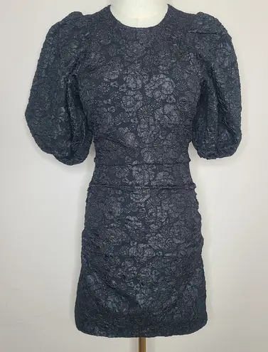 Ganni Stretch Jacquard Puff Sleeves Mini Dress Black Size 34 XS