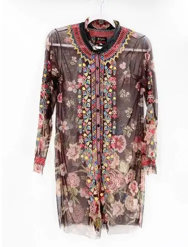 Johnny Was Biya Sheer Floral Embroidered Long Sleeve Button Front Duster Dress