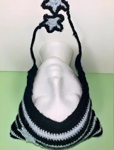 Crochet Striped Cat Ear Beanie with Star Accents Black
