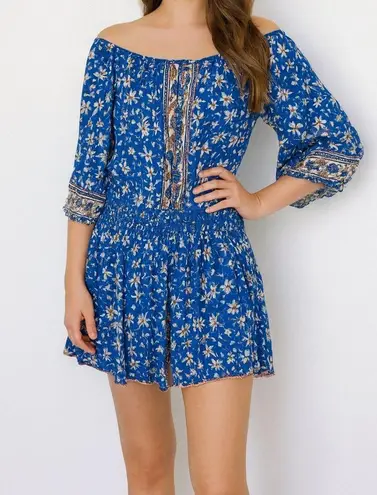 Poupette St Barth Off the Shoulder Floral Printed Mini Dress in Blue Size XS