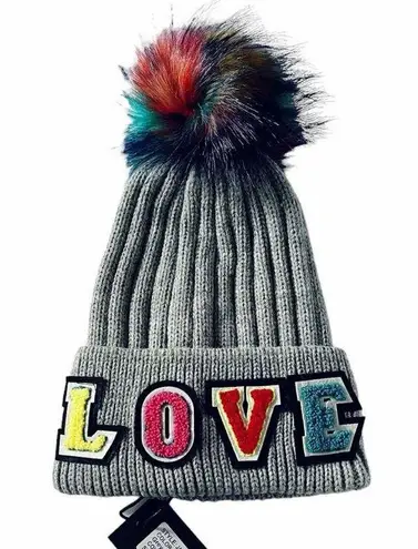 Jocelyn LOVE gray chunky knit hat with multicolor letters and faux fur pom pom