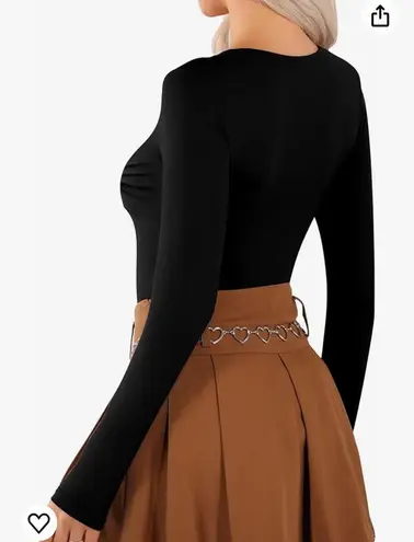 MANGOPOP Sweetheart Neckline Twist Knot Fitted V Neck Long Sleeve Bodysuit for Women Tops