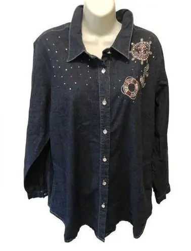 Quacker Factory Anchors Away Woven Shirt Sz. XL Denim Blue Cotton Stretch