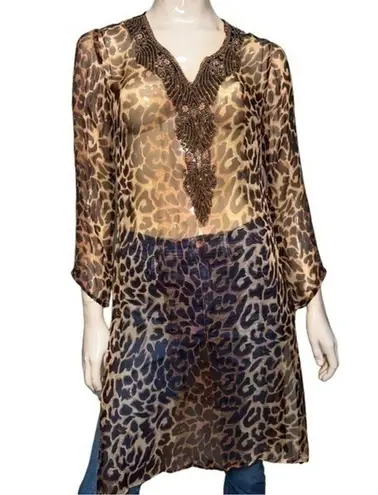Akaru Women’s Size M Brown Black Leopard Animal Print Beaded V