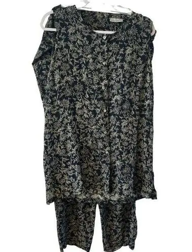 Lord & Taylor Sleeveless top & Pants Set Black Floral L Rayon Button Front Tunic Size L