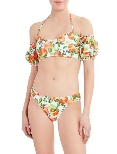 BCBG Paris Women's Poof Sleeve Bikini Top white with orange novelty print large