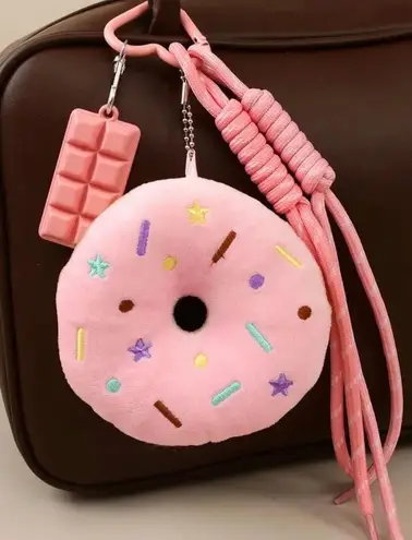 NEW Kawaii Pink Donut Plush Keychain Cute Chocolate Charm Accessory
