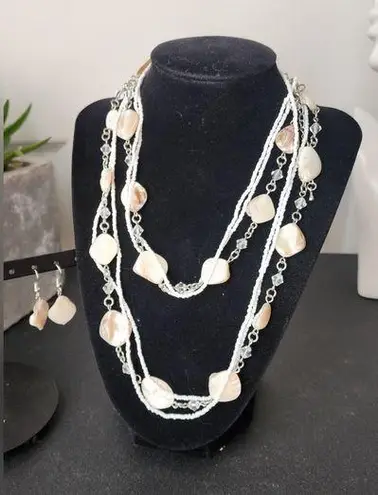 Beachy Natural Shell White Sead Bead and Crystal Long Necklace with Matching Ea… Silver