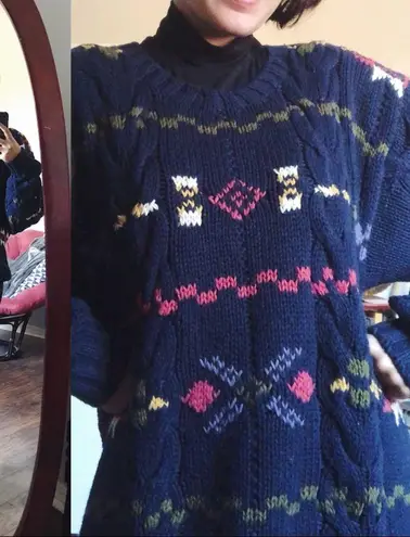 vintage • handknit sweater pullover chunky oversized navy blue 1990s cable knit Size L