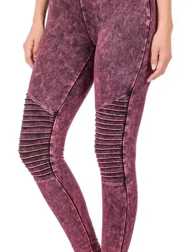 Zenana Outfitters ZANANA MINERAL WASHED MOTO LEGGINGS DK. BURGUNDY TINY WAIST BIG BUTT SZ MED