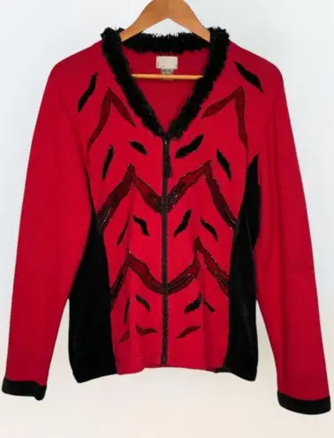 Berek Vintage Red & Black Beaded~Velvet~Fur~Zip Up Cardigan Sweater Large