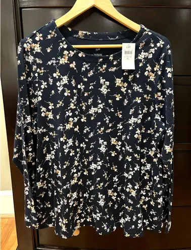 J Jill 100% Pima Cotton Crew Neck Long Sleeve Tee Shirt Floral Navy Retail $44 Blue Size M