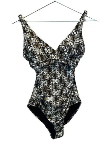 Nip Tuck Women’s Slimming Swimsuit One Piece Black Gold Tan White Size 6