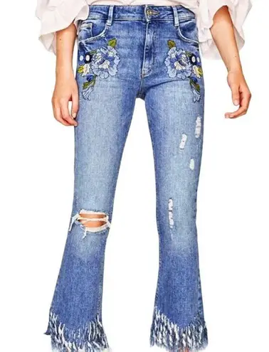 ZARA  Embroidered Midrise Mini Flare Leg Distressed Cropped Denim Jeans Size 2